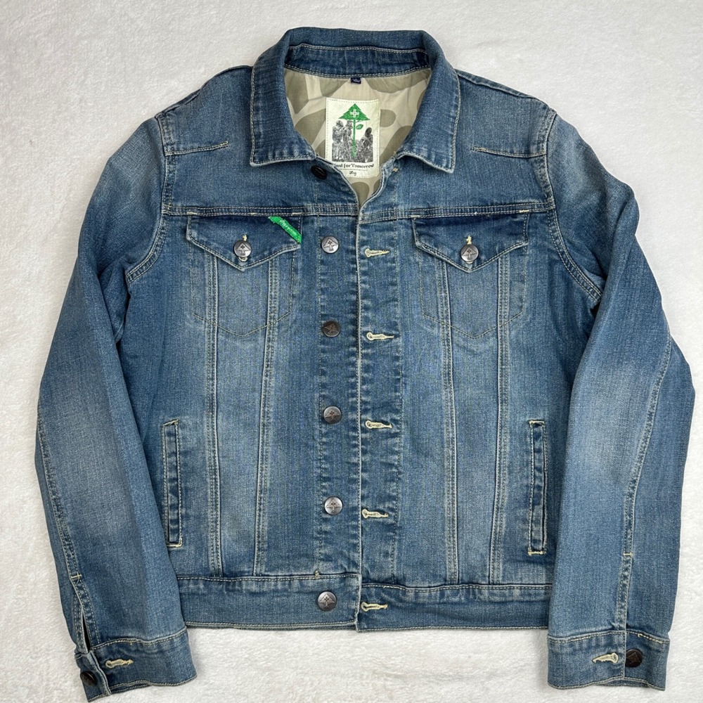Vintage Y2K LRG Mens  Denim Trucker Jacket‎ Blue Size S Giraffe Embroidered